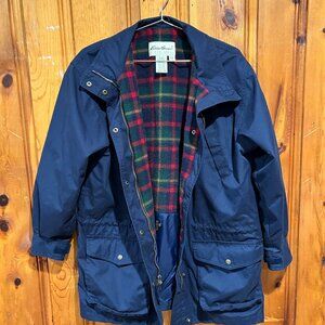 Vintage Eddie Bauer Womens Flannel Lined Coat Parka Navy Blue Size Small Petite